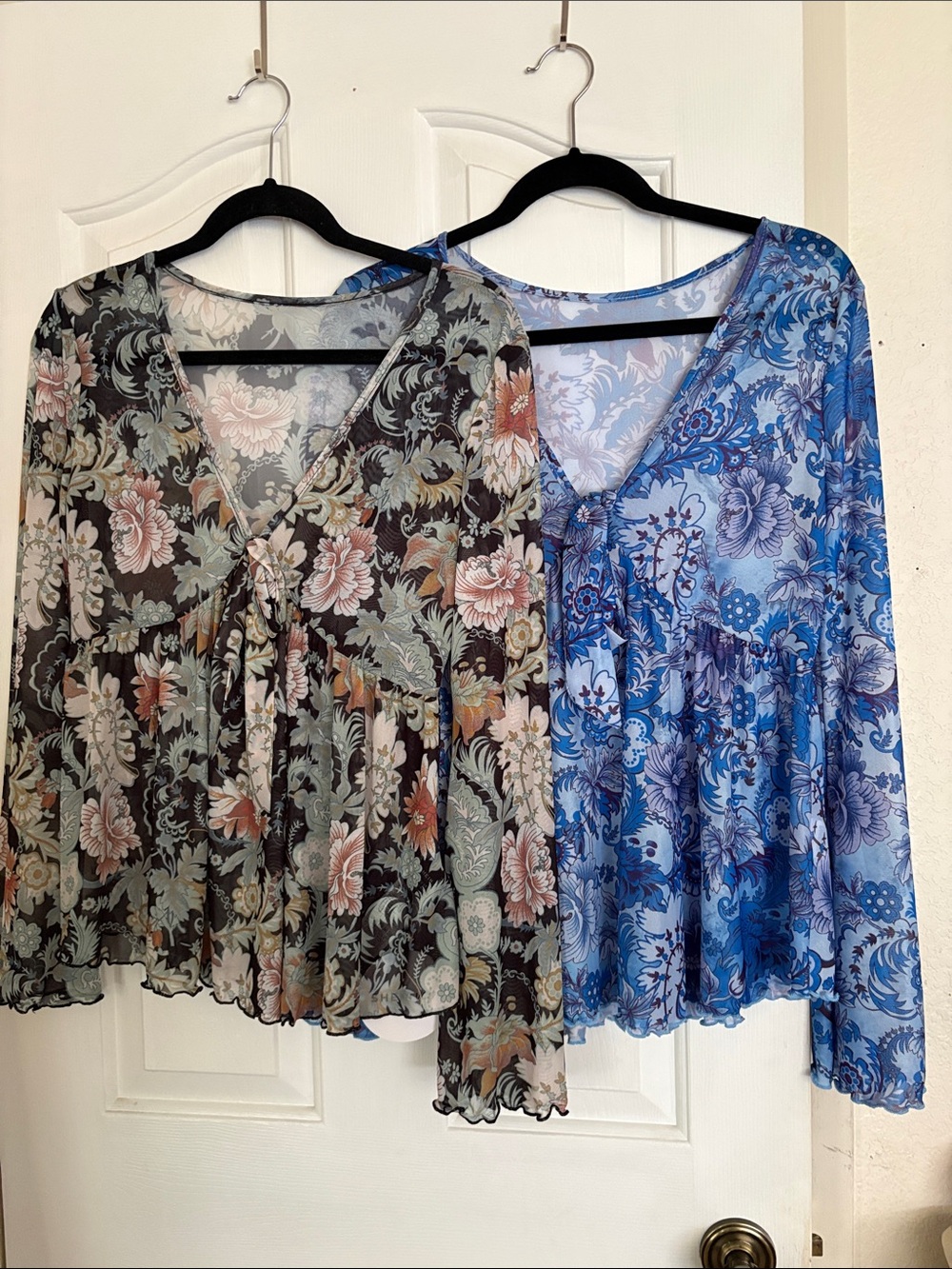 SHEIN Floral Sheer Tie-Front Blouse Set - Black Floral & Blue Floral